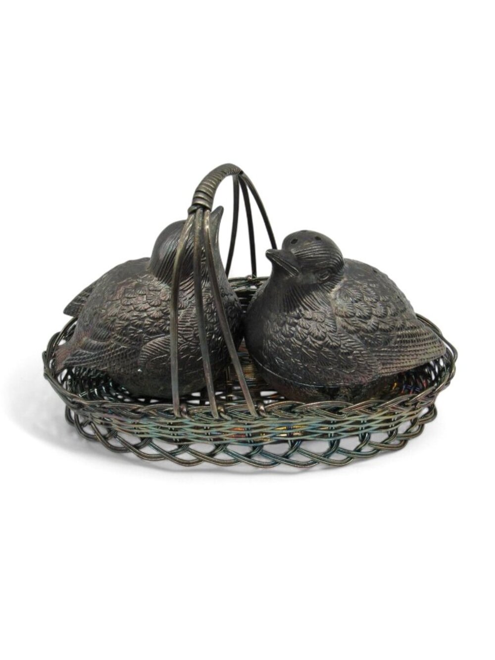 Salt and Pepper Shaker Bird Set With Woven Metal Basket Holder Vintage
